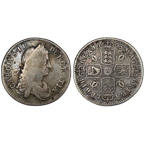 96 - 1663 Shilling, Charles II. Similar to type D/1 but the lower ribbon ending with a returning curl bac... 