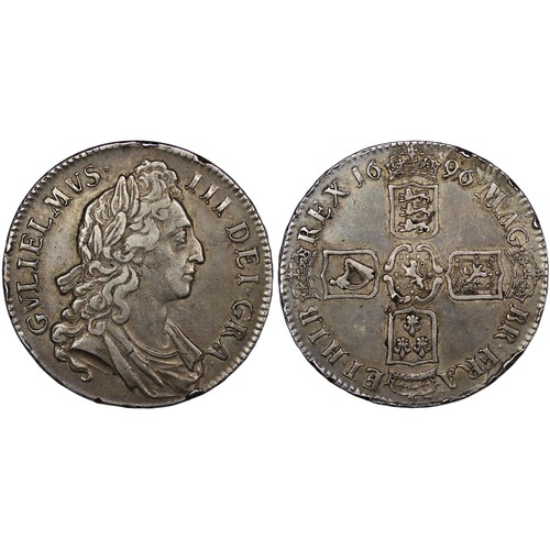 131 - 1696 Crown, William III, edge OCTAVO. Obv. first bust, Rev. first shield and first harp with 6 strin... 