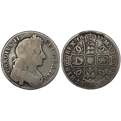 117 - 1677 Halfcrown, Charles II, edge VICESIMO NONO. Obv. 4th bust. Cleaned now re-toned to reverse, Fair... 