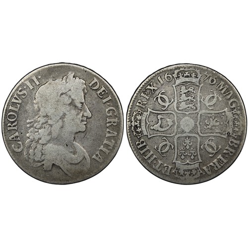 130 - 1676 Crown, Charles II, edge VICESIMO OCTAVO. Obv. 3rd bust, Rev. 2 strings in harp, perhaps the res... 