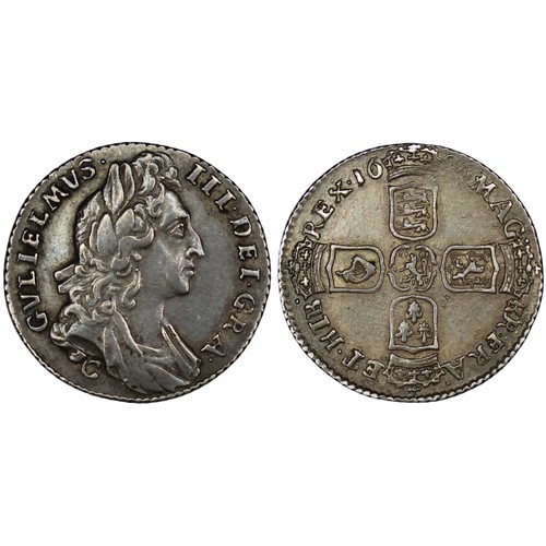 86 - 1696C Sixpence, William III, Chester mint. C below 1st bust, 1st reverse with early harp and large c... 