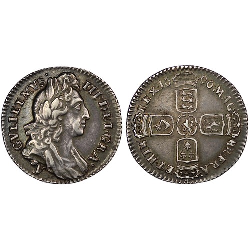 87 - 1696y Sixpence, William III, York mint. y in script below 1st bust, 1st reverse with early harp and ... 