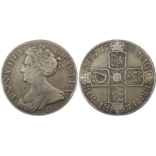 133 - 1708E Crown, plain angles, Queen Anne, edge SEPTIMO. Edinburgh Mint with E below second bust. Revers... 