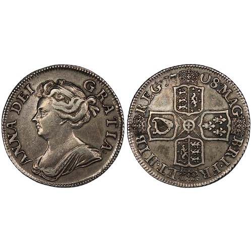 97 - 1708 Shilling, Queen Anne. Third bust, 6 strings in harp, plain angles. Rich gun-metal grey tone wit... 