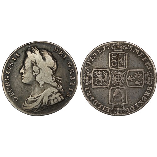 99 - 1728 Shilling, George II. Obv. Young laureate and draped bust, Rev. plain angles, 9 strings in harp ... 