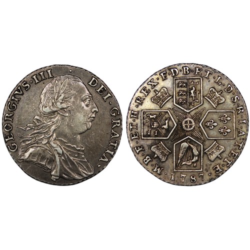 102 - 1787 Shilling, George III. Reverse with semée of hearts in Hanoverian Arms. Darker patch to garter s... 