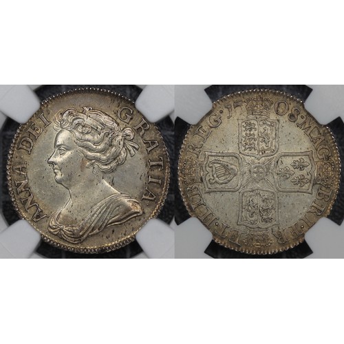 70 - 1708 Shilling, NGC MS62, Queen Anne. Third bust, 6 strings in harp, plain angles. A most appealing e... 