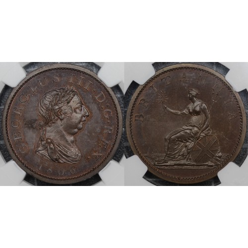 48 - 1806 Bronzed copper proof penny, NGC PF64BN, George III. Obv. laureate and draped bust, brooch with ... 