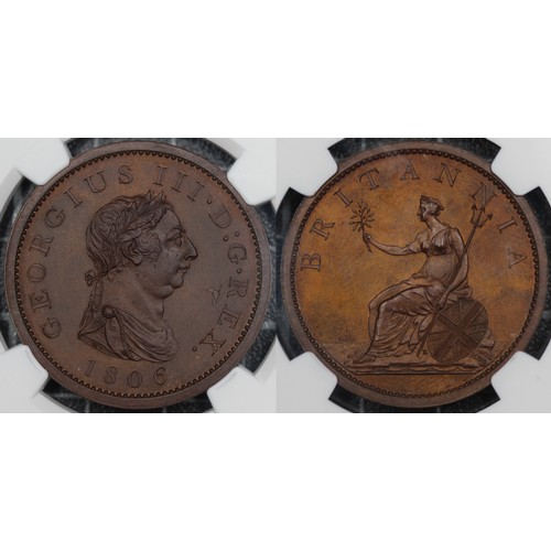 50 - 1806 Copper proof penny, NGC PF64BN, George III. Obv. laureate and draped bust, brooch with 10 jewel... 