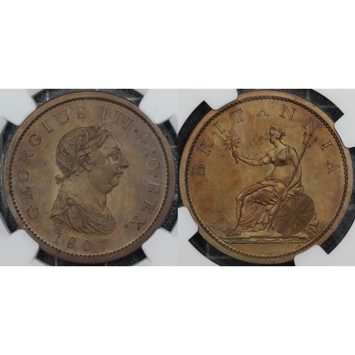 52 - 1807 Bronzed restrike proof penny, NGC PF64BN, George III. Obv. laureate and draped bust as currency... 