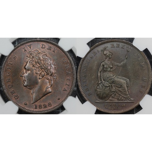 54 - 1826 Penny, NGC MS64+BN, George IV. Obv. laureate and draped bust with date below, Rev. seated Brita... 