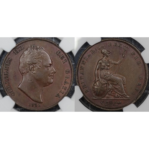 59 - 1831 Penny, .W.W on truncation, NGC AU55BN, William IV. Obv. bare head facing right, Rev. Britannia ... 