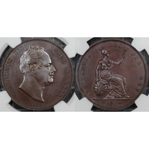 58 - 1831 Proof penny, coin alignment, NGC PF64BN, William IV. Obv. bare head facing right, Rev. Britanni... 