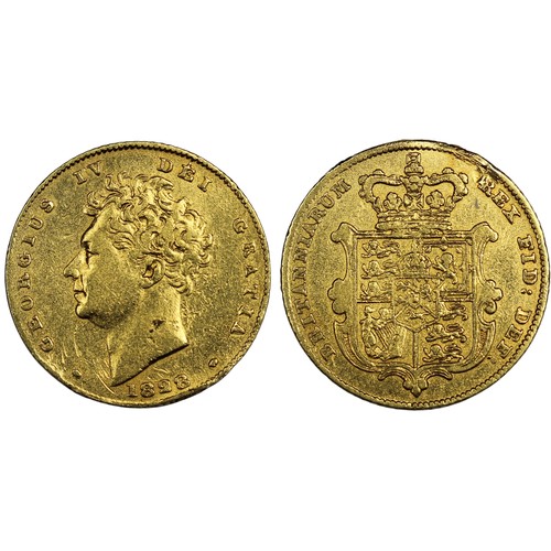 148 - 1828 Half sovereign, George IV. Obv. Bare head, Rev. crowned garnished shield. Approaching VF, clean... 