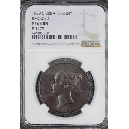 61 - 1839 Bronzed proof penny, NGC PF63 BN, Victoria. From the revered proof set to feature the Una and t... 