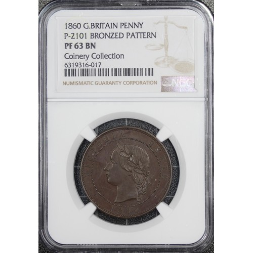 62 - 1860 Bronze pattern penny of Queen Victoria by Joseph Moore, NGC PF63BN. Obverse A with dies in orig... 