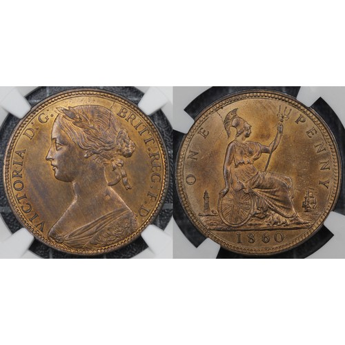 63 - 1860 Penny, NGC MS65BN, Victoria. A simply gorgeous example of the highest quality with all Victoria... 