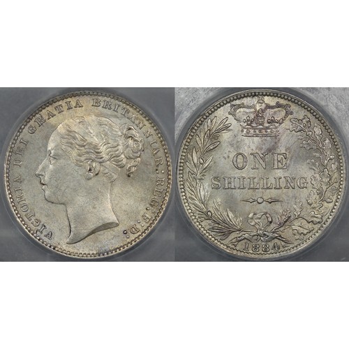 79 - 1884 Shilling, CGS 85, Victoria. Obv. fourth young head, Rev. 1d with smaller letters and short line... 