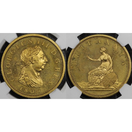 47 - 1806 Gilt copper proof penny, NGC PF63, George III. Obv. laureate and draped bust, brooch with 9 jew... 