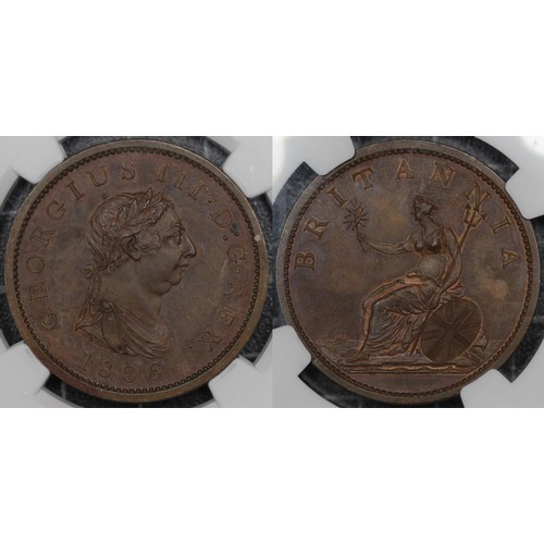 51 - 1806 Bronzed restrike proof penny, NGC PF64BN, George III. Obv. laureate and draped bust without inc... 