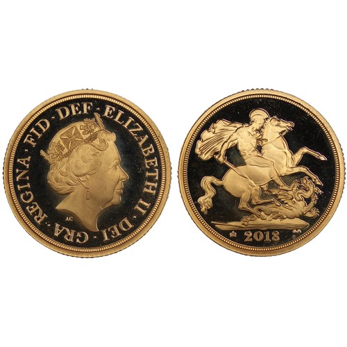 182 - 2018 Proof sovereign, Elizabeth II. Obverse portrait by Jody Clark. Crowned 65 privy mark in exergue... 