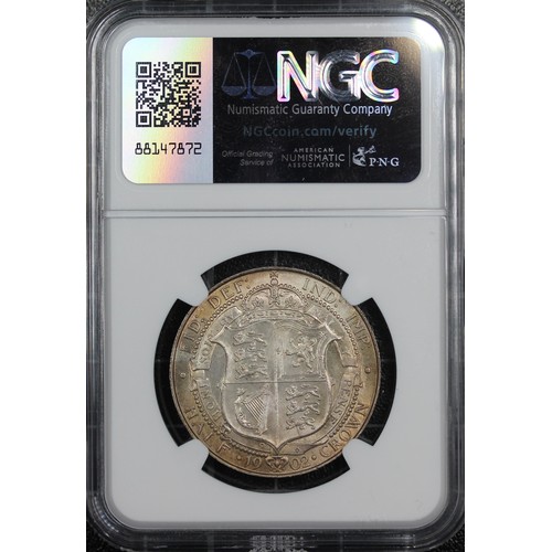 128 - 1902 Halfcrown, NGC MS63+, Edward VII. Peripheral rainbow toning with considerable mint lustre. Eye ... 