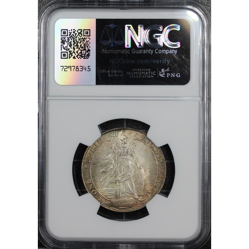 114 - 1902 Florin, NGC MS63,Edward VII. Obv. Bare head facing right, Rev. Britannia standing on ship's bow... 