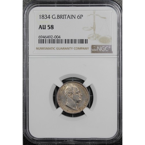 93 - 1834 Sixpence, NGC AU58, William IV. Obv. bare head facing right, Rev. crowned mark of value. Light ... 