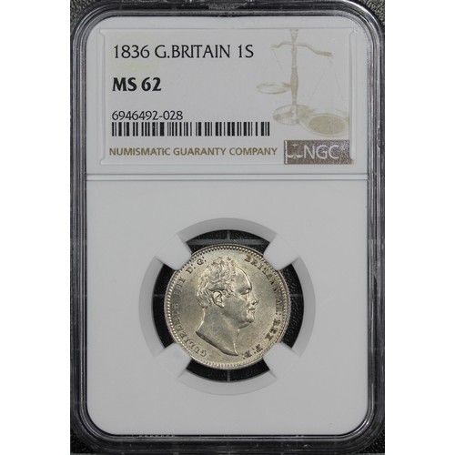 105 - 1836 Shilling, NGC MS62, William IV. Obv. bare head facing right with W.W. incuse in block, Rev. cro... 