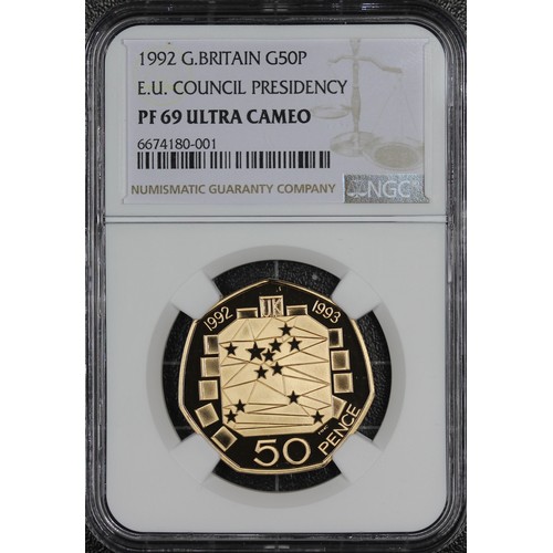 187 - NGC PF69 Ultra Cameo gold proof 1992-1993 Dual Date EEC 50p. Struck to commemorate the UK's Presiden... 