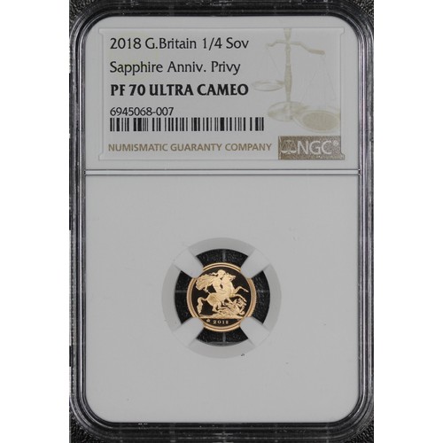 169 - NGC PF70 Ultra Cameo 2018 Proof quarter sovereign, Elizabeth II. Crowned 65 privy mark in exergue. O... 