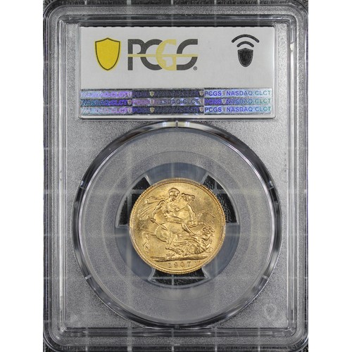 161 - 1907-S Sovereign, PCGS MS63, Edward VII. Obv. Bare head, rev. St. George and the Dragon (S on ground... 