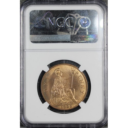 46 - 1935 Penny, NGC MS65+RD, George V. Obv. small head to left, Rev. seated Britannia with date in exerg... 