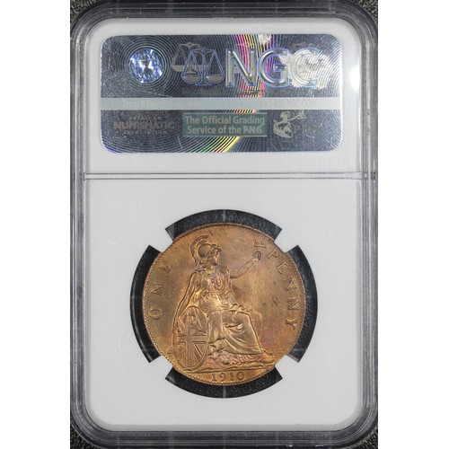 42 - 1910 Penny, NGC MS64RB, Edward VII. Orange-copper toning abound with plentiful lustre. A vibrant a c... 