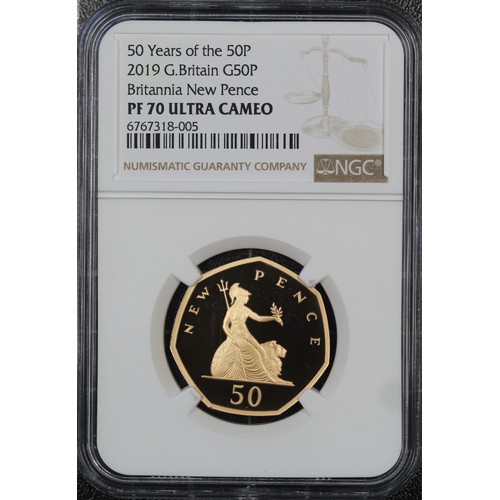 195 - NGC PF70 Ultra Cameo 2019 Gold proof 50p, Britannia, Elizabeth II. Struck as part of the Culture coi... 