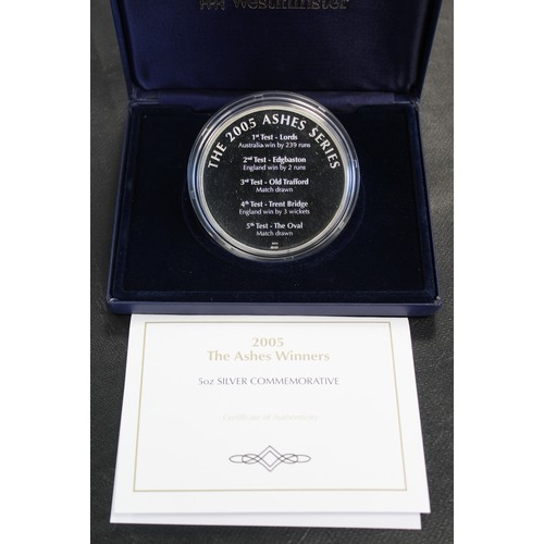 318 - 2005 5oz silver proof medal commemorating the Ashes Cricket Victory. Struck in fine .999 silver with... 