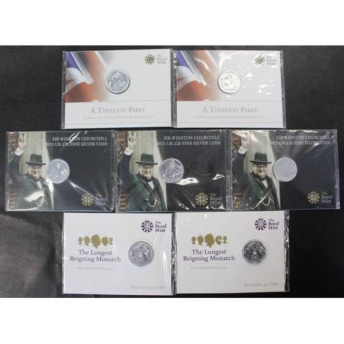 300 - BUNC Silver £20 coins (7) comprising 2013 George & Dragon Timeless First (2), 2015 Winston Churc... 