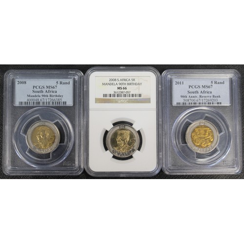 324 - South Africa, a selection of third party graded 5 Rand coins (3) comprising 2008 Mandela Birthday (2... 