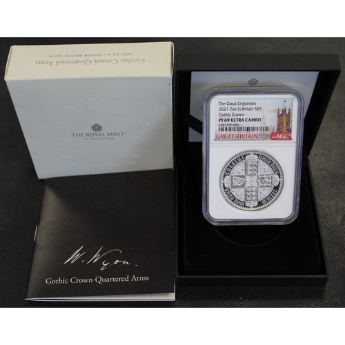 296 - NGC PF69 Ultra Cameo 2021 Silver proof 2oz £5 featuring the Gothic Crown Quartered Arms, part of the... 