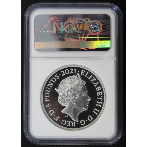 296 - NGC PF69 Ultra Cameo 2021 Silver proof 2oz £5 featuring the Gothic Crown Quartered Arms, part of the... 