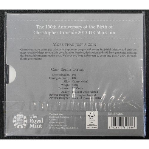 204 - 2013 BUNC Christopher Ironside 50p in Royal Mint presentation pack. As issued, scarce.