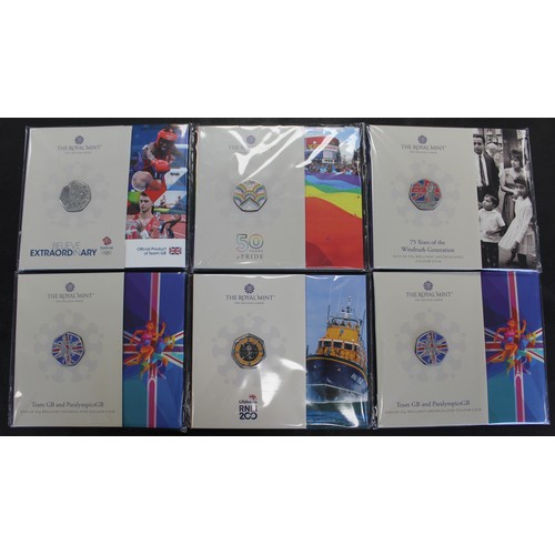 219 - BUNC 50p coins (6) of mixed interest and all with colour finish comprising 2021 Tokyo Olympics 2022 ... 