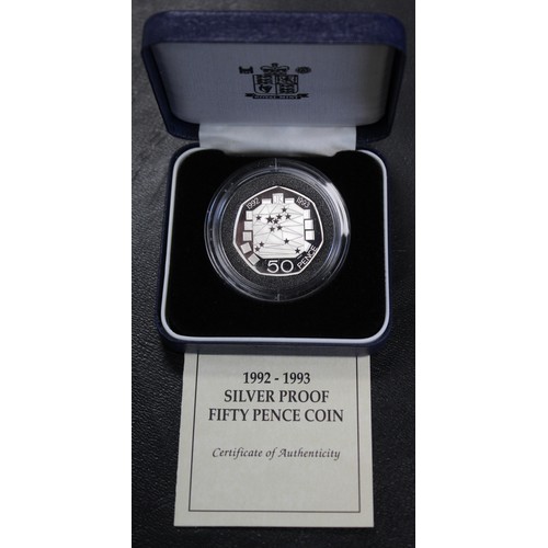 203 - 1992-1993 Dual date silver proof 50p commemorating the UK Presidency of the EEC council. Cased with ... 