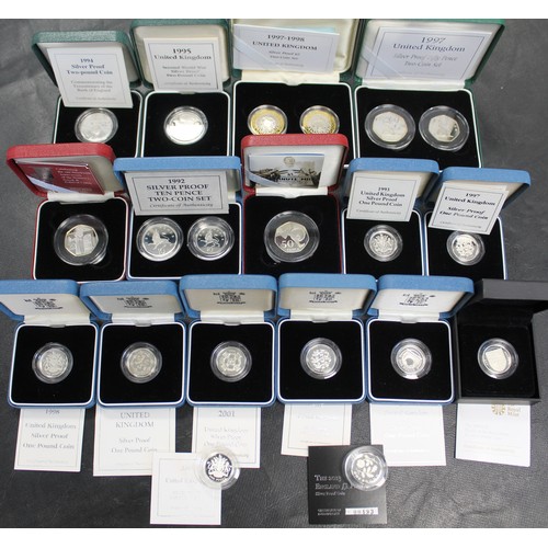 299 - A selection of silver proof coins (20) comprising 1992 2-coin 10p sets (small & large issues), 1... 