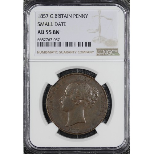 36 - 1857 Penny, NGC AU55 BN, Victoria, Ornamental Trident. Small date with doubled bead below 5. nEF. [P... 