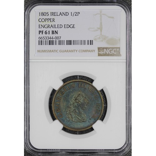 26 - Ireland 1805 Copper proof half penny, NGC PF61 BN, George III. Obv. laureate & draped & bust... 