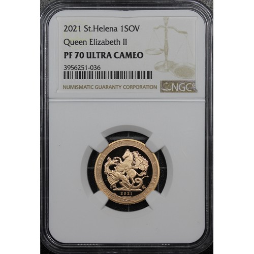 200 - St. Helena 2021 gold proof sovereign, NGC PF70 Ultra Cameo, Elizabeth II. Reverse design featuring S... 