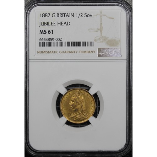 178 - 1887 Half sovereign, NGC MS61, Victoria. Obv. Jubilee bust, shield reverse. Imperfect J in JEB appea... 