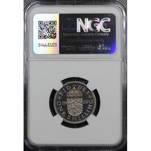 89 - 1953 Proof shilling, NGC PF65 Cameo, English reverse, Elizabeth II. A vibrant example with bold came... 