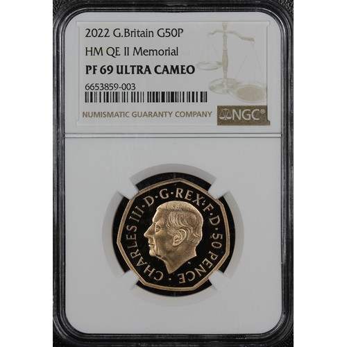 196 - NGC PF69 Ultra Cameo 2022 Gold proof 50p, Charles III. Struck in memory of the late Queen Elizabeth ... 